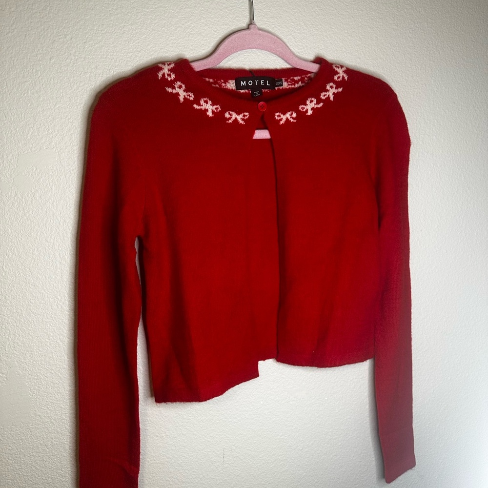 Motel Rocks Red Cardigan with Bow Trim Accent